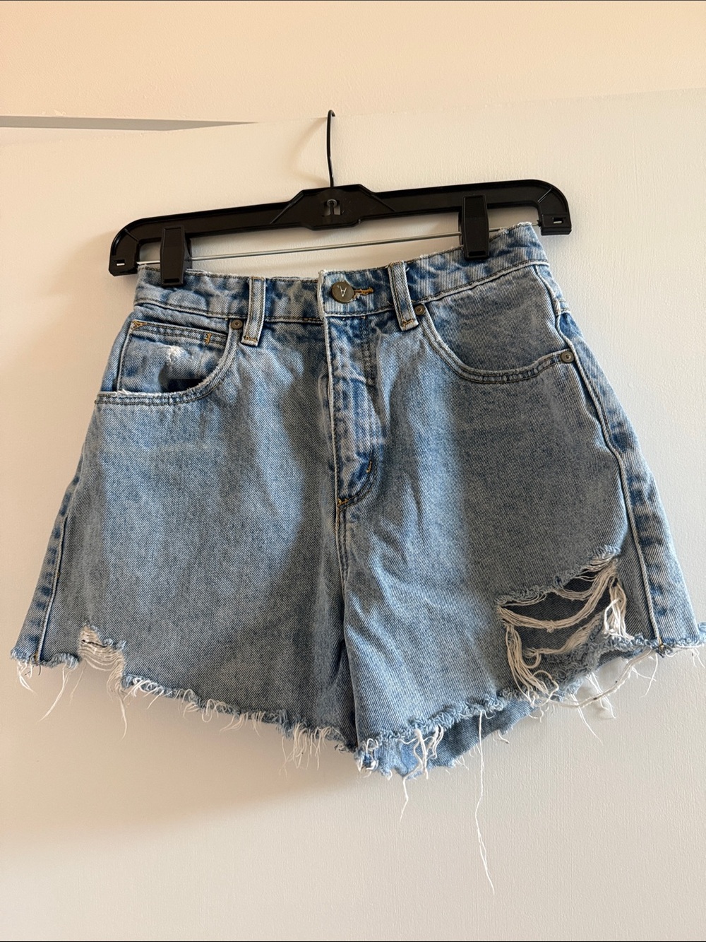 High-Waist Distressed Denim Shorts - Light Blue